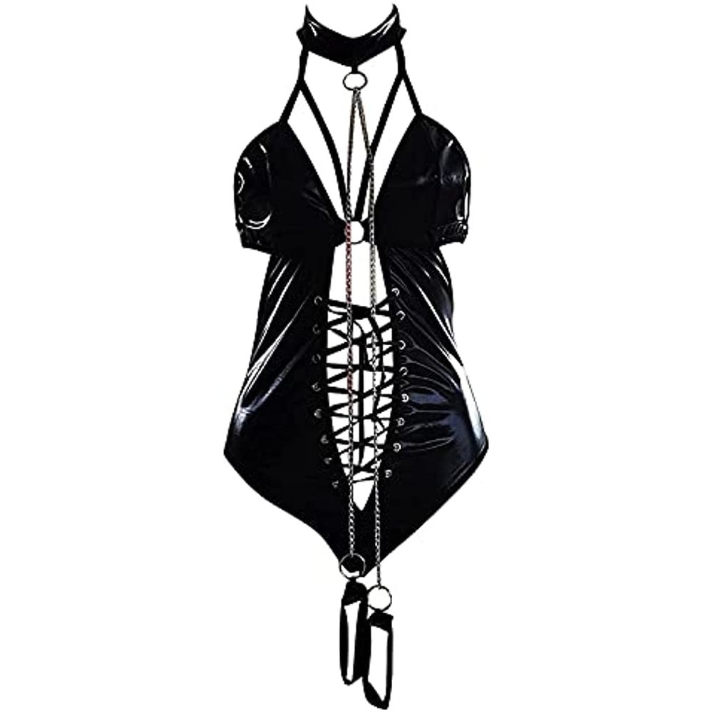Kyisoy Women Sexy Wetlook Leather Lingerie Bodysuits Naughty Lace-up Backless Halter Babydoll Teddy Clubwear with Wrist Chain (Black,X-Large)