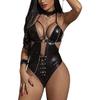 Kyisoy Women Sexy Wetlook Leather Lingerie Bodysuits Naughty Lace-up Backless Halter Babydoll Teddy Clubwear with Wrist Chain (Black,X-Large) view 2