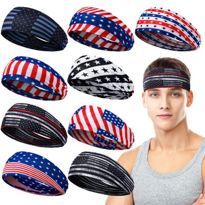 Men's Sweatbands for Workouts and Sports - Camo Headband, Sweat Absorbing Wide Head Band for Basketball, Football, Cycling, Running, Yoga, 4.7 x 9.8 Inch (Flag Style)