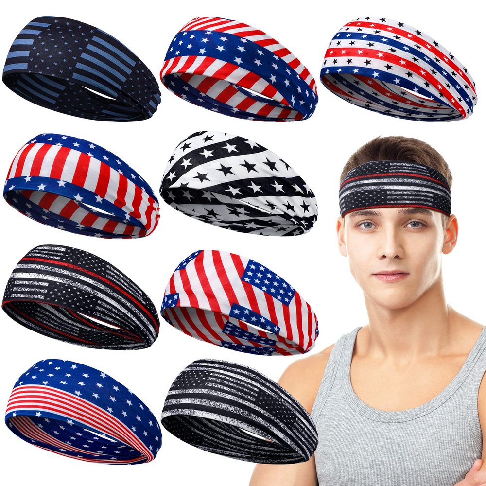 Men's Sweatbands for Workouts and Sports - Camo Headband, Sweat Absorbing Wide Head Band for Basketball, Football, Cycling, Running, Yoga, 4.7 x 9.8 Inch (Flag Style)