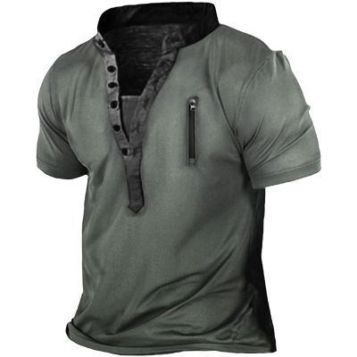 Men's V Neck Button T-Shirt Tops Distressed Retro Short Sleeve Summer Fashion Casual Streetwear (Grey,US Size XL Asia XXL)