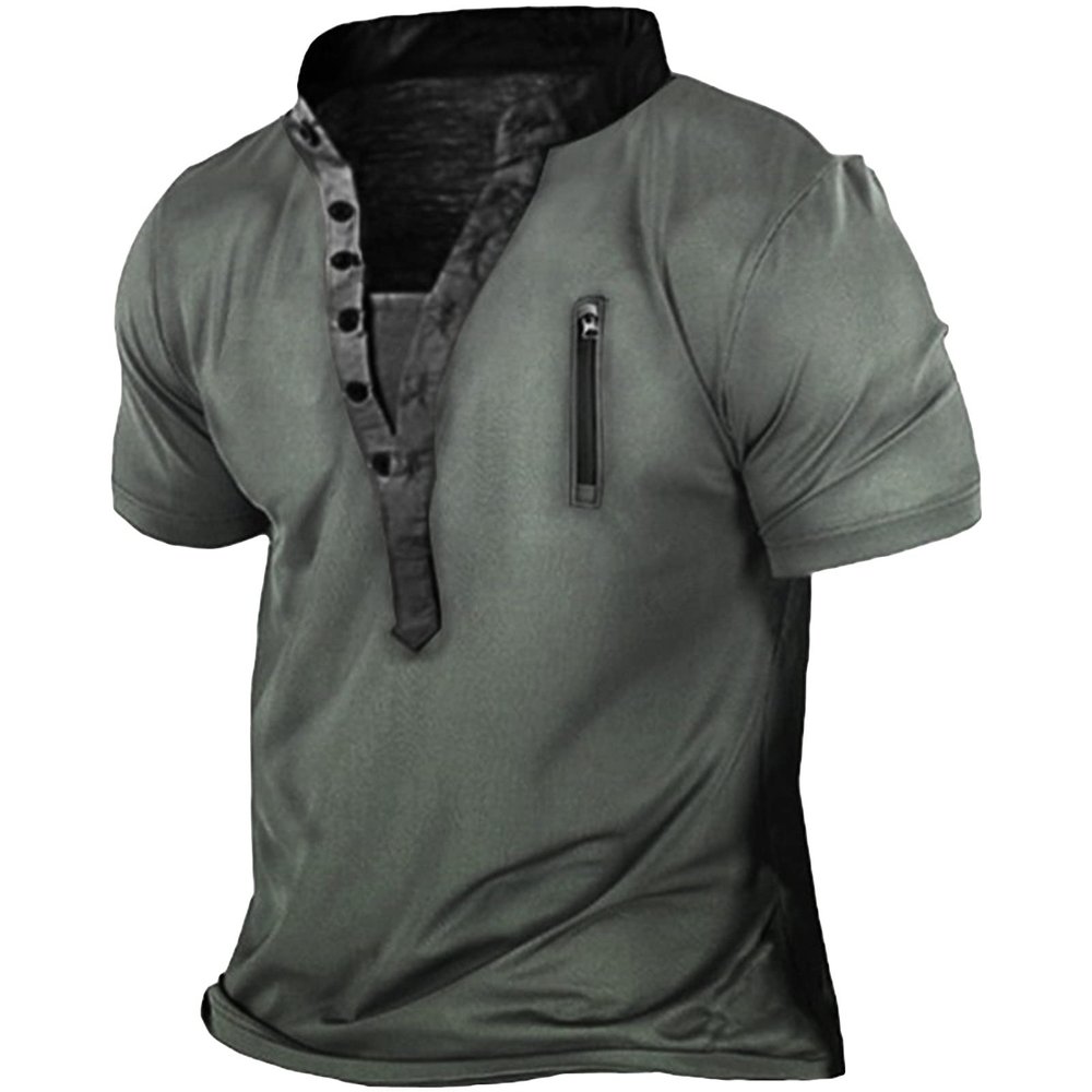Men's V Neck Button T-Shirt Tops Distressed Retro Short Sleeve Summer Fashion Casual Streetwear (Grey,US Size XL Asia XXL)