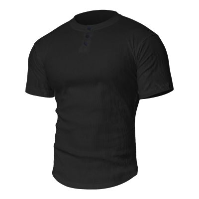 Mens Fashion Casual Front Placket Basic T-Shirts Breathable Lightweight Collarless Golf Tee Hipster Round Hemline Top (Black,US Size L Asia XL)