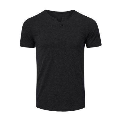 Men's Basic Tailored Fit Short Sleeve Fashion Casual Front Placket Tee Cotton Notch Neck T Shirt (Black,US Size M Asia L)