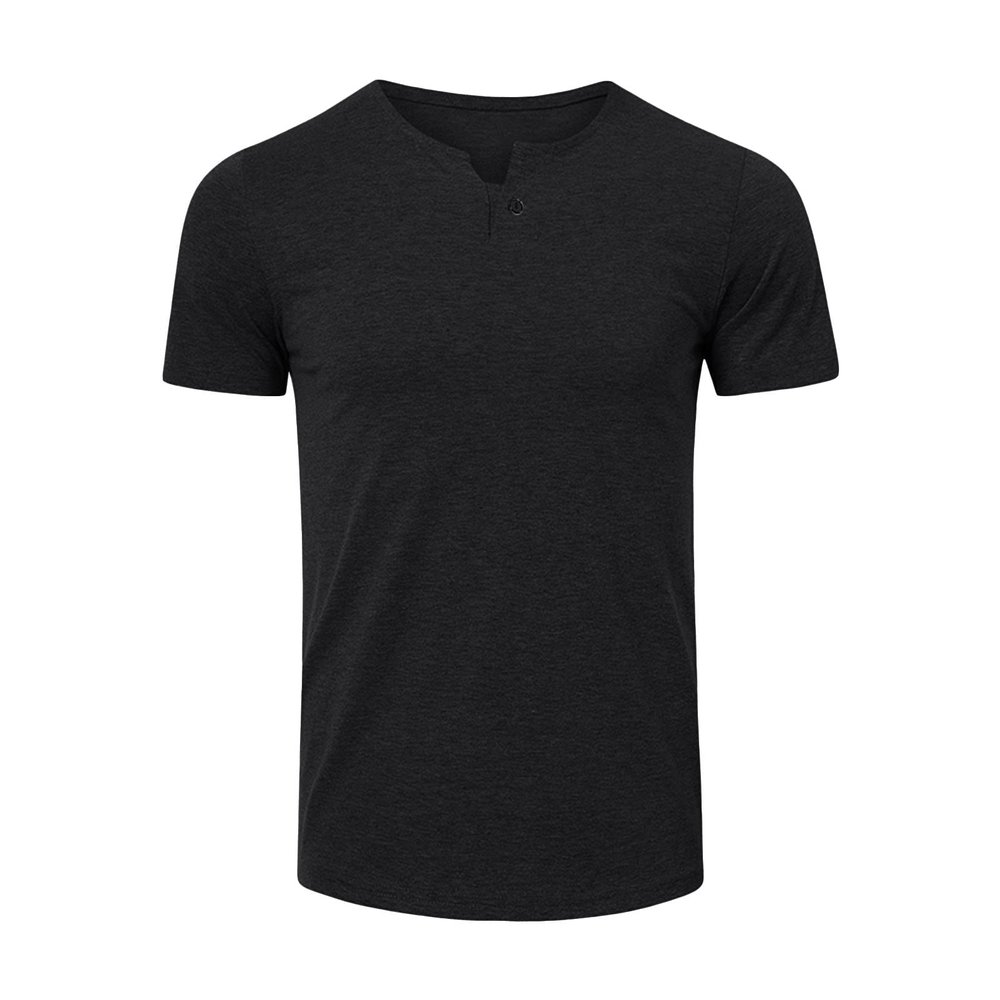 Men's Basic Tailored Fit Short Sleeve Fashion Casual Front Placket Tee Cotton Notch Neck T Shirt (Black,US Size M Asia L)