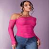 CRYBA Women's Shirts Women's Tops Shirts for Women Asymmetrical Neck Ruched Mesh Top (Color : Hot Pink, Size : Small) view 4