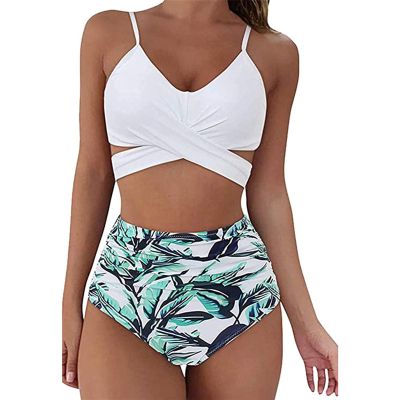 Womens Front Cross Ruched Bikini Set Twist Wrap Swimwear High Waisted Bottoms Print Straps Push Up Swimsuits (White,X-Large)