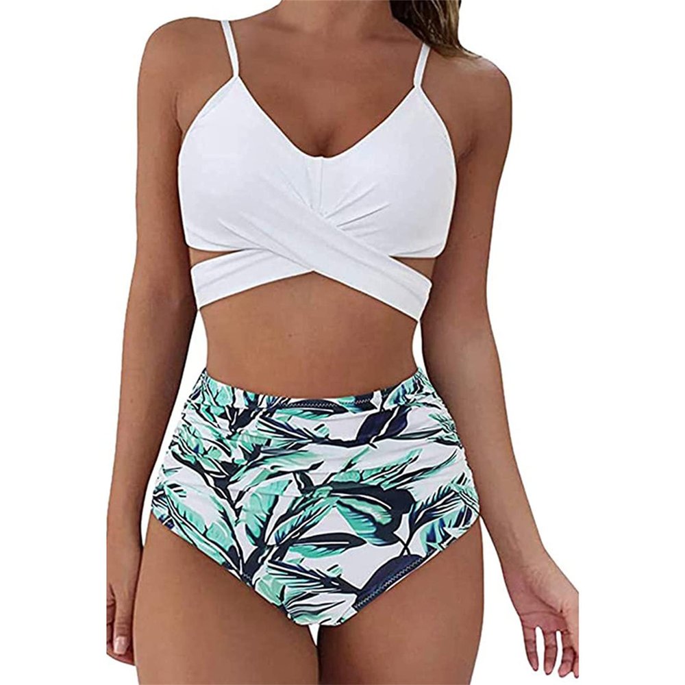 Womens Front Cross Ruched Bikini Set Twist Wrap Swimwear High Waisted Bottoms Print Straps Push Up Swimsuits (White,X-Large)