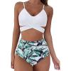 Womens Front Cross Ruched Bikini Set Twist Wrap Swimwear High Waisted Bottoms Print Straps Push Up Swimsuits (White,X-Large) view 1