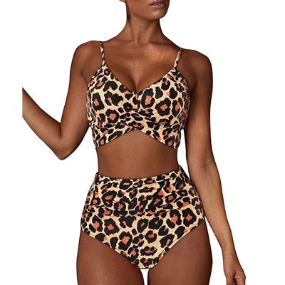 Womens Front Cross Ruched Bikini Set Twist Wrap Swimwear High Waisted Bottoms Print Straps Push Up Swimsuits (Yellow1,Large)