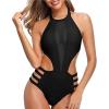Women Mesh Cutout Swimsuits Solid Color High Neck Halter Monokini Swimwear Slim Fit Cut Out Sheer Bathing Suit (Black,Small) view 2