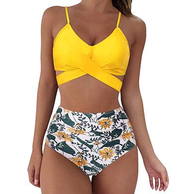 JEsilunmaMY Womens Front Cross Ruched Bikini Set Twist Wrap Swimwear High Waisted Bottoms Print Straps Push Up Swimsuits (Yellow3,X-Large)