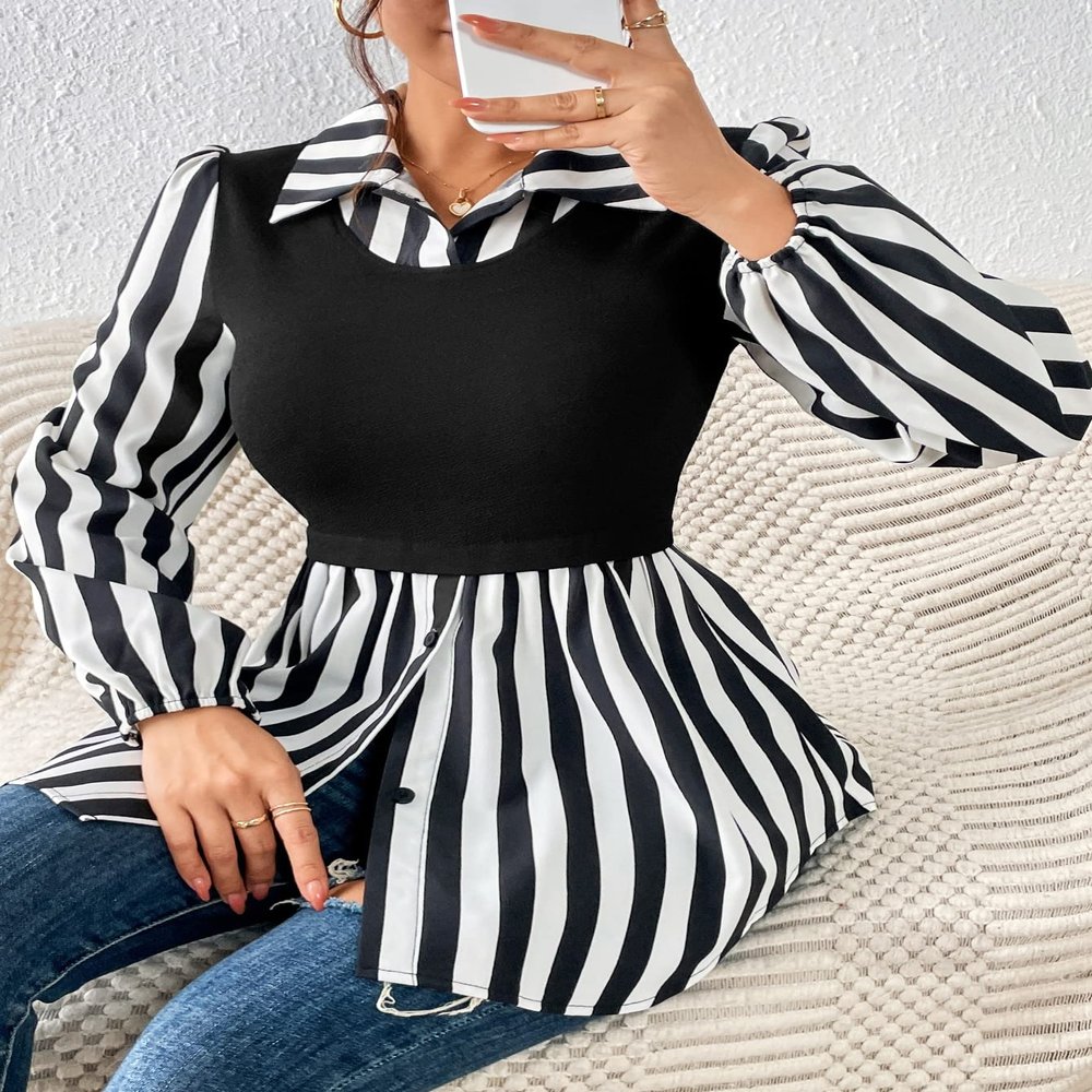 CRYBA Women's Shirts Women's Tops Shirts for Women Striped Print 2 in 1 Lantern Sleeve Peplum Top (Color : Black and White, Size : Small)