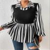 CRYBA Women's Shirts Women's Tops Shirts for Women Striped Print 2 in 1 Lantern Sleeve Peplum Top (Color : Black and White, Size : Small) view 3