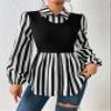 CRYBA Women's Shirts Women's Tops Shirts for Women Striped Print 2 in 1 Lantern Sleeve Peplum Top (Color : Black and White, Size : Small) view 4