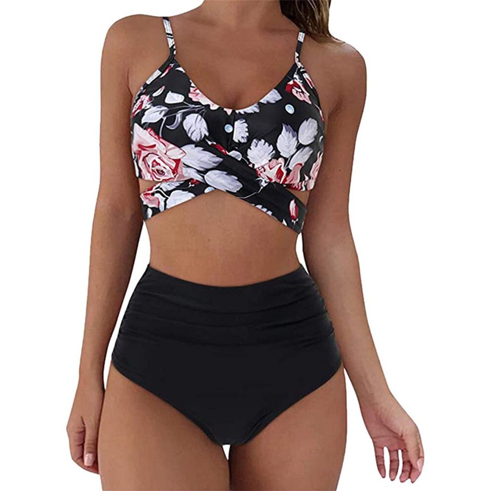 Womens Front Cross Ruched Bikini Set Twist Wrap Swimwear High Waisted Bottoms Print Straps Push Up Swimsuits (Black4,XX-Large)