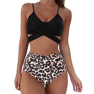Womens Front Cross Ruched Bikini Set Twist Wrap Swimwear High Waisted Bottoms Print Straps Push Up Swimsuits (Black2,Medium)