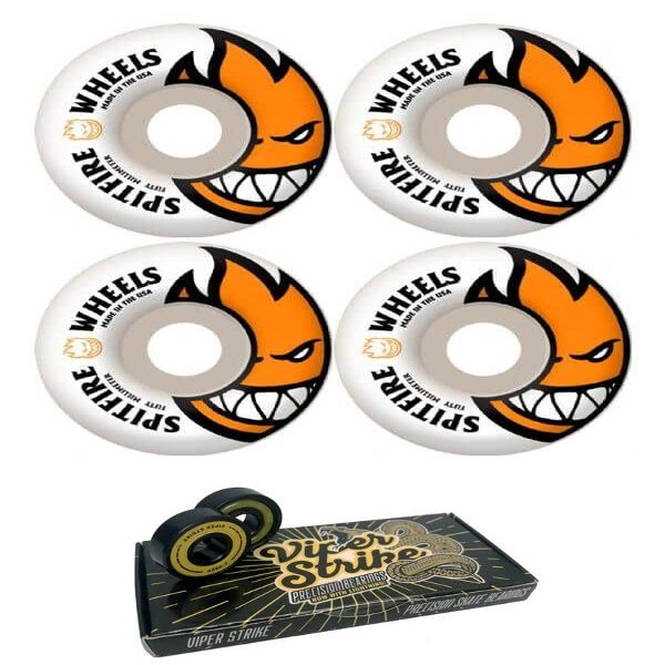50mm Spitfire Wheels Bighead White/Orange Skateboard Wheels - 99a with Viper Strike Skateboard Bearings 8mm Precision ABEC 7 Skateboard Bearings - Bundle of 2 Items