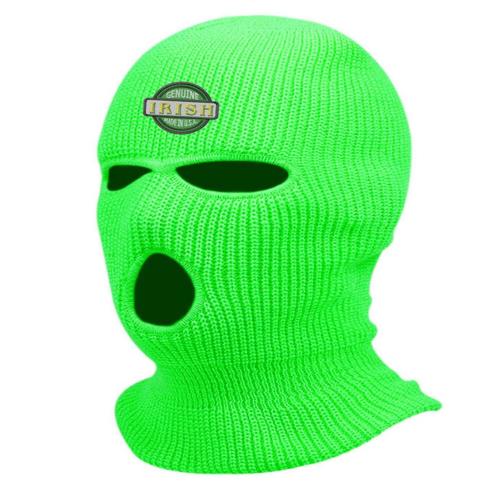 Genuine Irish Three Hole Embroidered Ski Mask Full Face Cover Knitted Embroidery Warm Graphic Balaclava (Neon Green)