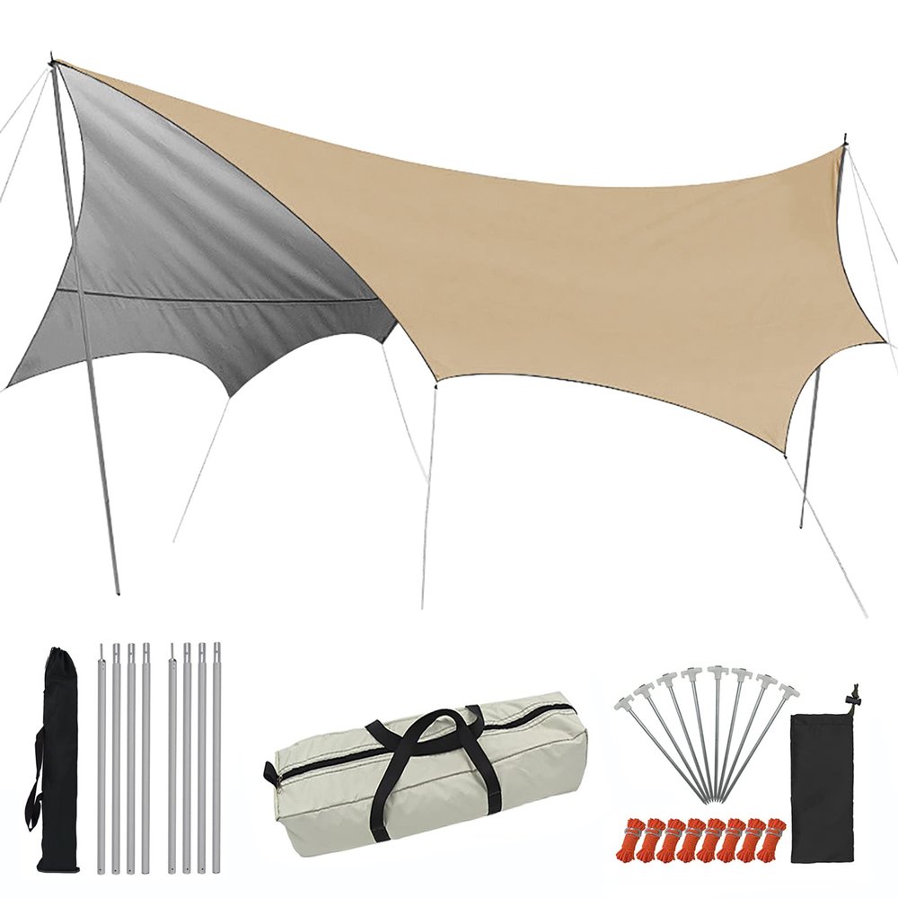 Outdoor Camping Sunshade, 5.1x5.1m Ultra-Light Large Area Hammock Tarp, rain and Sun Protection, for Spring Outing, Picnic with 2 Aluminium Poles + 8 Wind Ropes + 8 Tent Stakes and Carry Bag