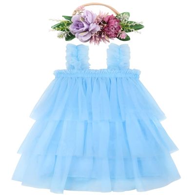 AGQT Baby Girls Tulle Tutu Dress Toddlers Tulle Layered Lace Dresses Sleeveless Princess Party Dress Summer Ruffles Sundress with Flower Headband Light Blue Size 9-12 Months