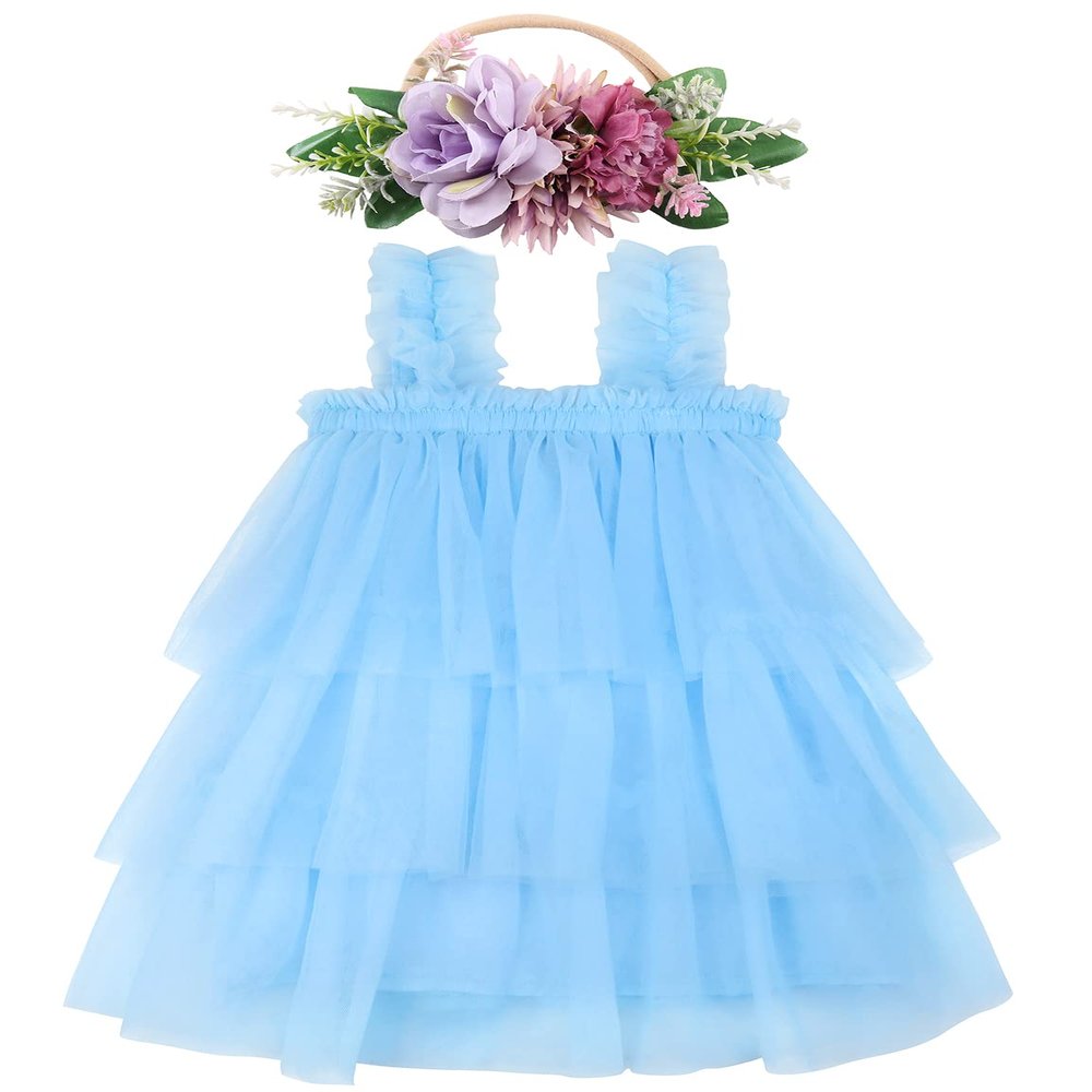 AGQT Baby Girls Tulle Tutu Dress Toddlers Tulle Layered Lace Dresses Sleeveless Princess Party Dress Summer Ruffles Sundress with Flower Headband Light Blue Size 9-12 Months