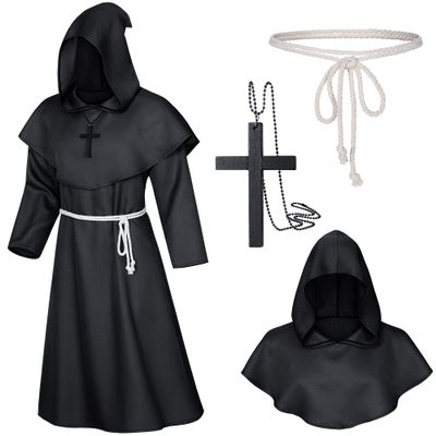 TOKYO REVENGERS Medieval Renaissance Monk Friar Priest Wizard Cloak Hooded Robe Cosplay Belt Necklace Set(Black 2XL)