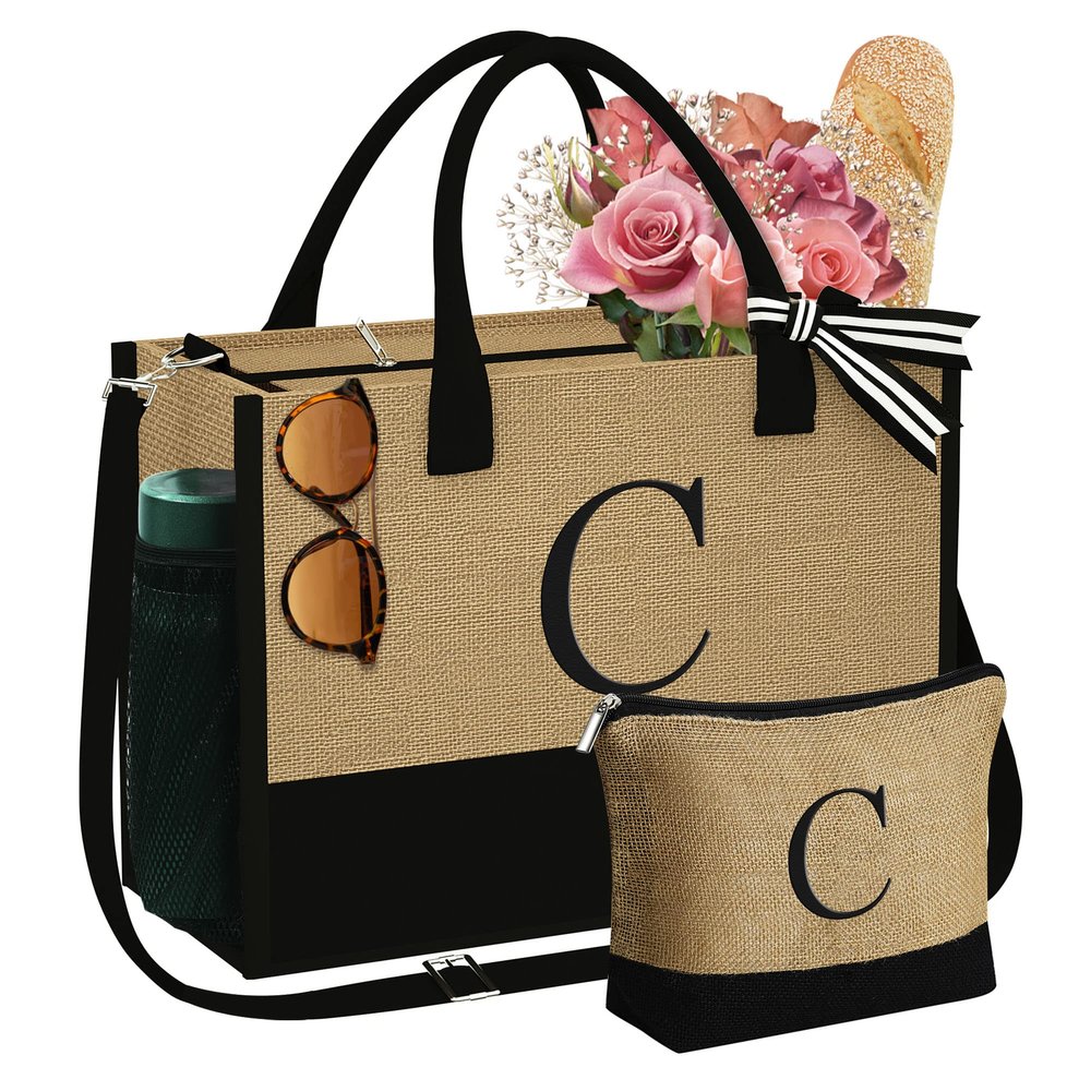 YOOLIFE Gifts for Women - Initial C Jute Beach Tote Bag for Women Birthday Gifts for Her Mom Wife Teachers Friends Bride Personalized Gift for Woman