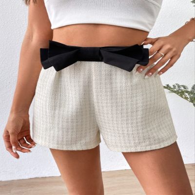 AMDMG Shorts for Women Shorts Women's Shorts Bow Front Tweed Shorts Shorts (Color : Black and White, Size : Large)