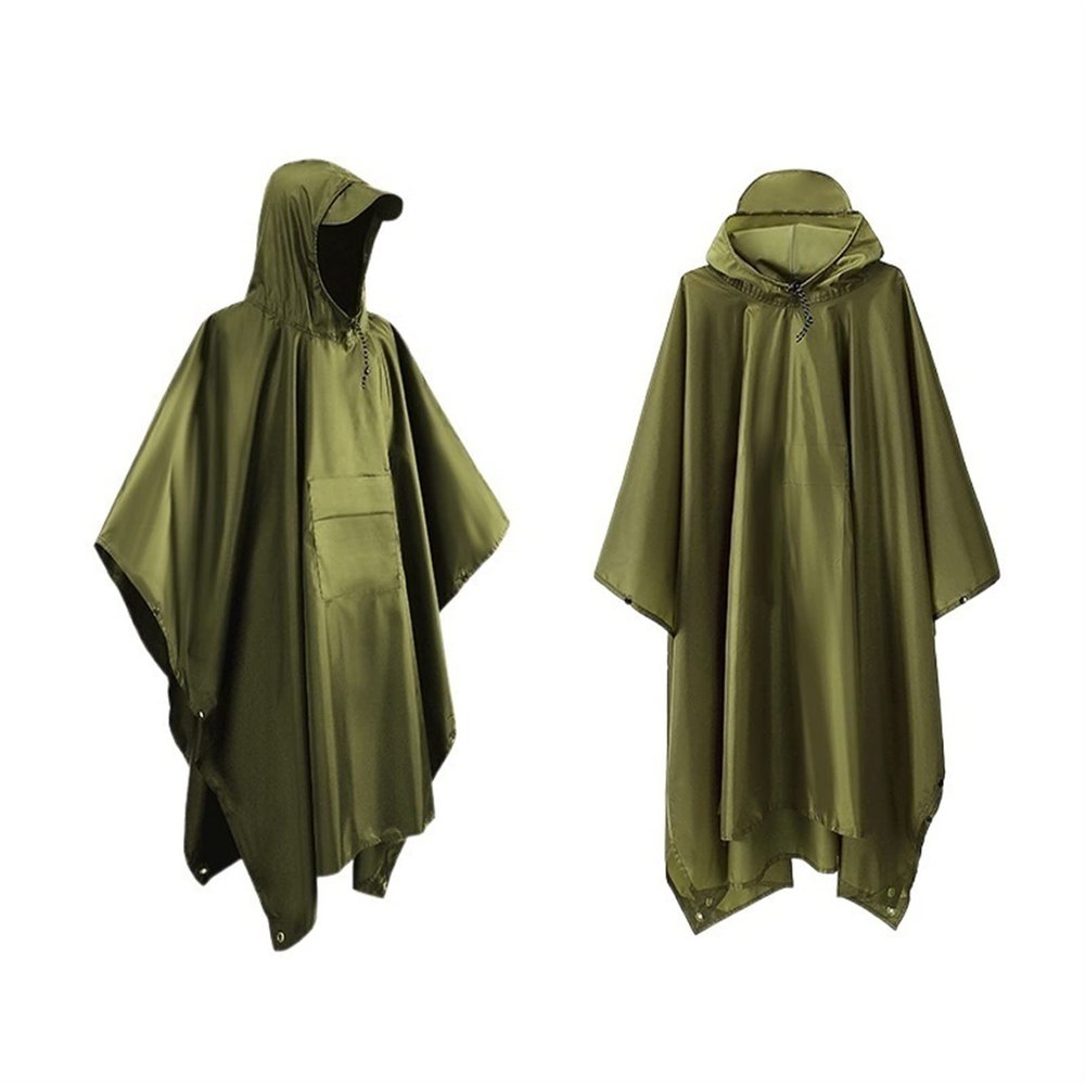 WHATON Raincoat Hooded Rain Poncho Impermeable Thickened Waterproof Raincoat for Men Women Tent Mat 3 in 1 Hiking (Color : Green, Size : One Size)