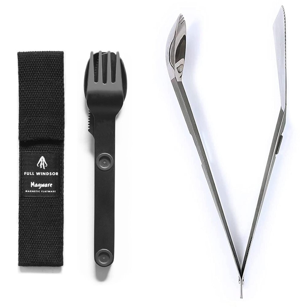 Full Windsor MAGWARE Magnetic Camping Utensil Set and THE SPLITTER Titanium Tongs, Spork and Spatula Bundle, Camping Accessories & Cooking Utensils, Portable & Durable Backpacking Travel Cutlery Set