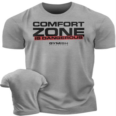 Comfort Zone is Dangerous Inspirational Workout Lifting Tshirt for Men (LG, Comfort Zone Grey)