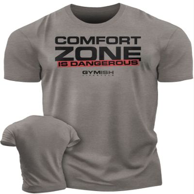Comfort Zone is Dangerous Inspirational Workout Lifting Tshirt for Men (SM, Comfort Zone Warm Grey)