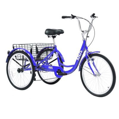 TMEOSK 24" 3-Wheel Bikes with 7 Speed Grip Shifter with Large Shopping Basket and Leather Saddle for Adults Women and Men, Multiple Colors (Blue)