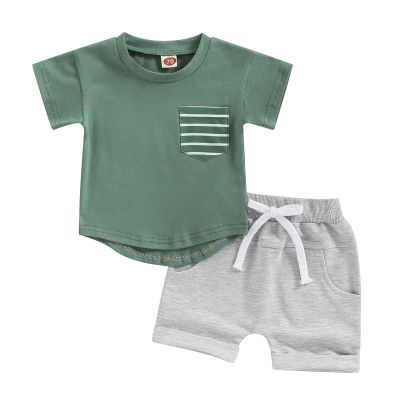 YINGISFITM Baby Boy Shorts Set Cotton Short Sleeve Tshirt Top Shorts Pants Cute Boy Summer Outfit Toddler Infant Clothes (green grey shorts,2-3T)