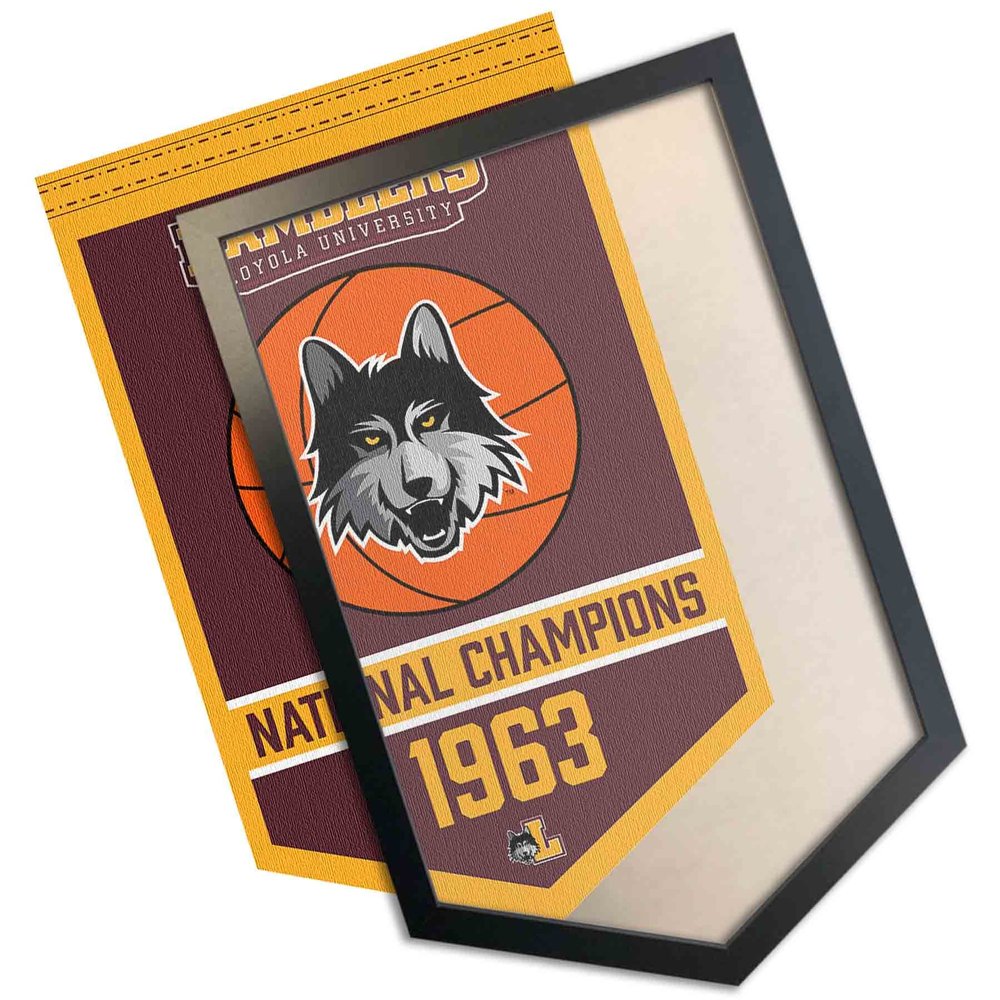 College Flags & Banners Co. Loyola Chicago Ramblers Basketball National Champions Banner and Wood Banner Frame