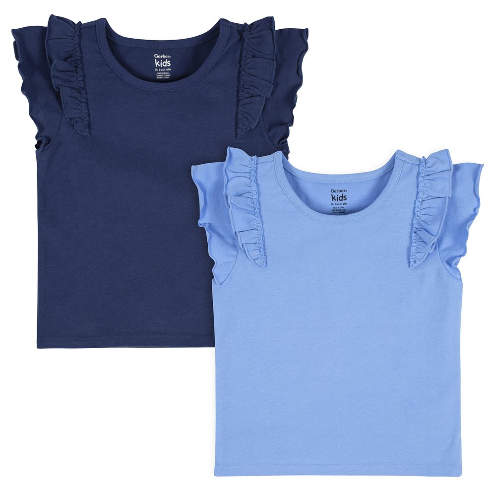 Gerber Baby Girls' Toddler 2-Pack Double Ruffle Tops, Blue, 3T