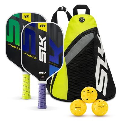 Selkirk Sport SLK Neo Graphite Pickleball Paddles Set of 2 | Designed in The USA | Complete Pickleball Set with 2 Pickle Ball Rackets, 3 Hybrid+ Balls, and SLK Sling Bag | Green & Purple