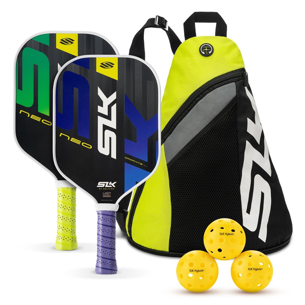 Selkirk Sport SLK Neo Graphite Pickleball Paddles Set of 2 | Designed in The USA | Complete Pickleball Set with 2 Pickle Ball Rackets, 3 Hybrid+ Balls, and SLK Sling Bag | Green & Purple