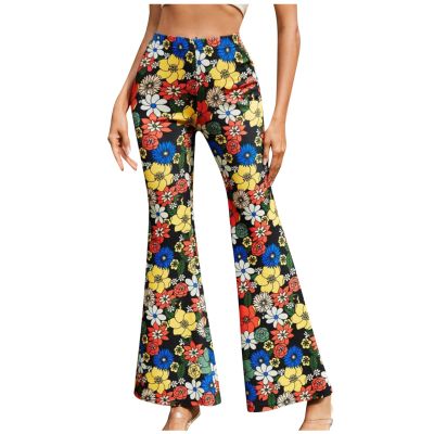 Women's Floral Flare Leggings 70s Bell Bottom Flare Pants Outfits Workout Casual Bootcut Palazzo Wide Leg Yoga Pants Blue