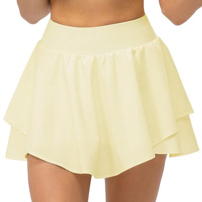Yuerlian Tennis Skirts Pleated Skorts with Shorts Pockets Double Ruffle Golf Skirts Workout Running Skorts Skirt Athletic Light Cream