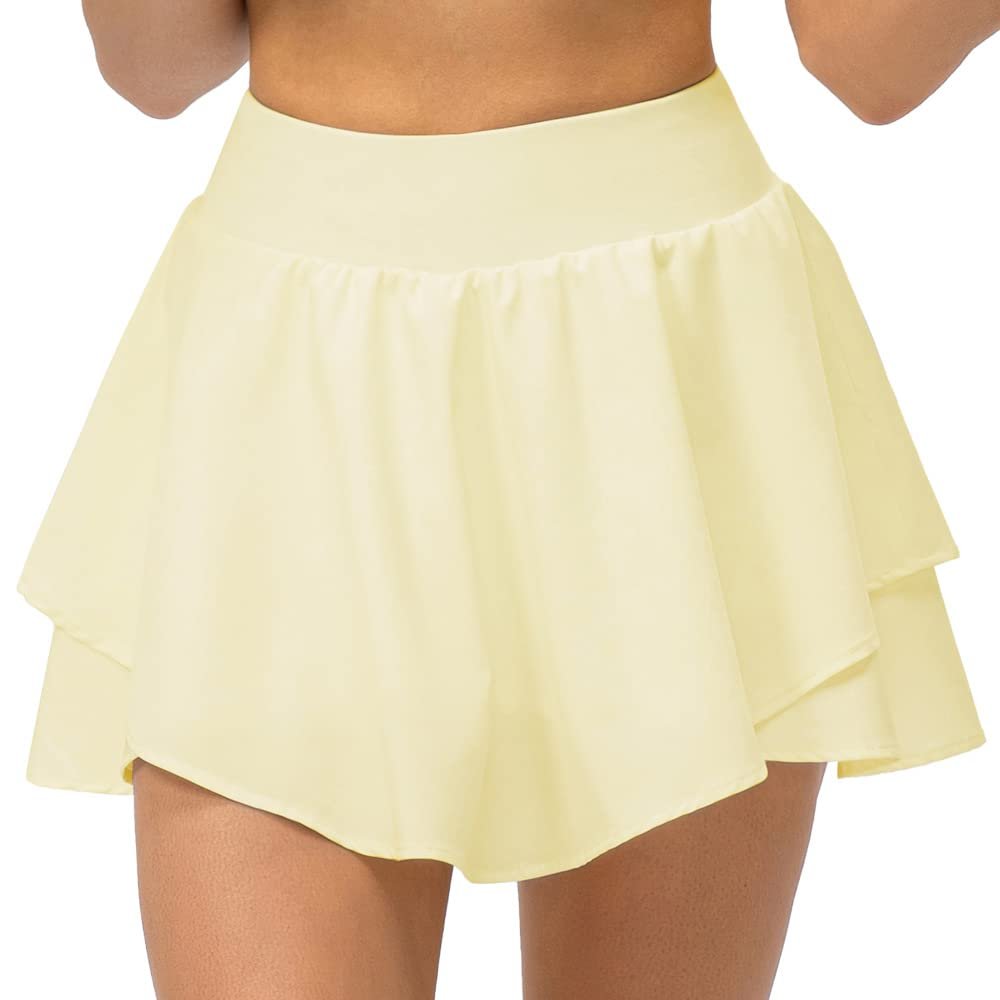 Yuerlian Tennis Skirts Pleated Skorts with Shorts Pockets Double Ruffle Golf Skirts Workout Running Skorts Skirt Athletic Light Cream