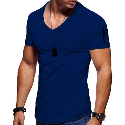 Men's V Neck Muscle Workout Athletic T-Shirt Bodybuilding Fashion Short Sleeve Slim Fit Zipper Tee Top (Dark Blue 4,US Size L Asia XL)