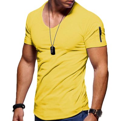 Men's V Neck Muscle Workout Athletic T-Shirt Bodybuilding Fashion Short Sleeve Slim Fit Zipper Tee Top (Yellow,US Size S Asia M)