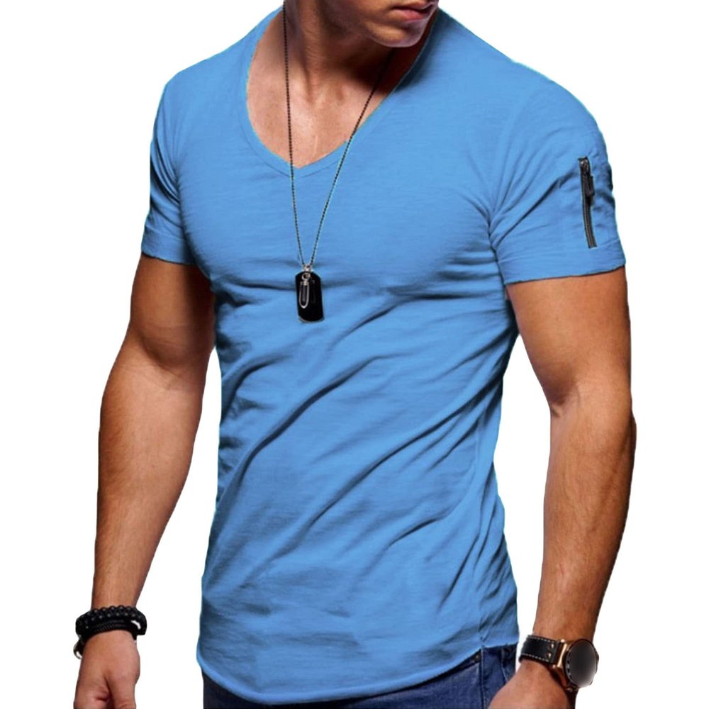 Men's V Neck Muscle Workout Athletic T-Shirt Bodybuilding Fashion Short Sleeve Slim Fit Zipper Tee Top (Blue 1,US Size XS Asia S)