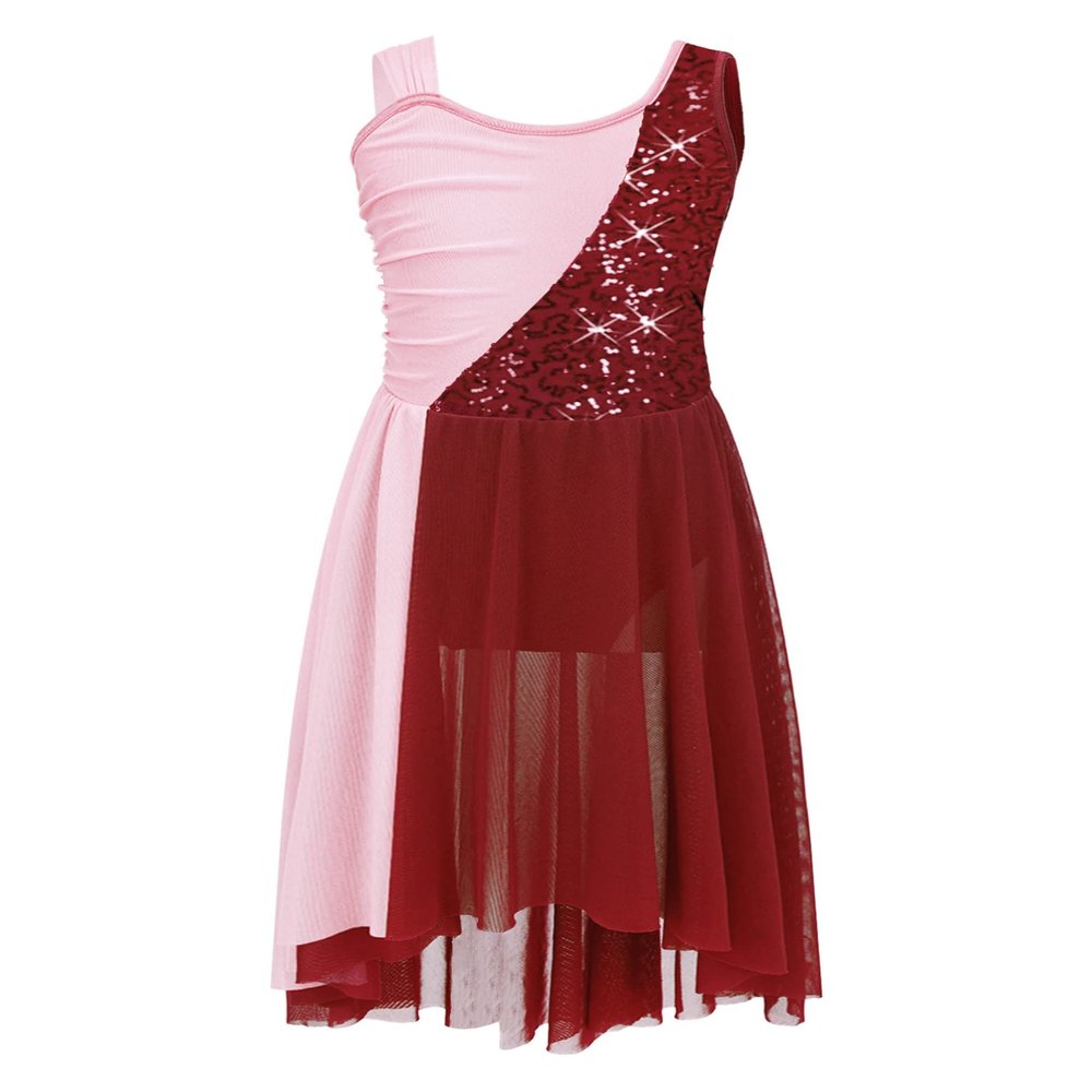 Aislor Kids Girls Sleeveless Sequins Lyrical Modern Ballet Dance Dress Tank Leotard Irregular Tulle Skirt Dancewear Burgundy 10 Years