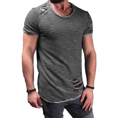 Men's Solid Color Slim Fit Casual T-Shirt Distressed Ripped Tee Top Hipster Round Neck Hip Hop Short Sleeve (Grey,US SIZE S Asia M)