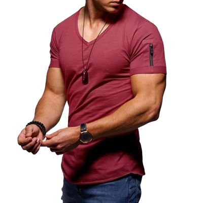 Men's V Neck Muscle Workout Athletic T-Shirt Bodybuilding Fashion Short Sleeve Slim Fit Zipper Tee Top (Wine Red,US Size M Asia L)