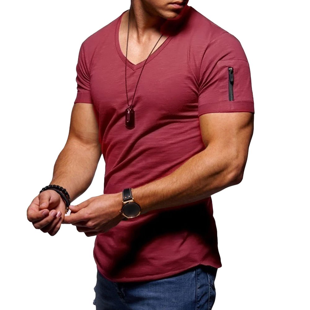 Men's V Neck Muscle Workout Athletic T-Shirt Bodybuilding Fashion Short Sleeve Slim Fit Zipper Tee Top (Wine Red,US Size M Asia L)