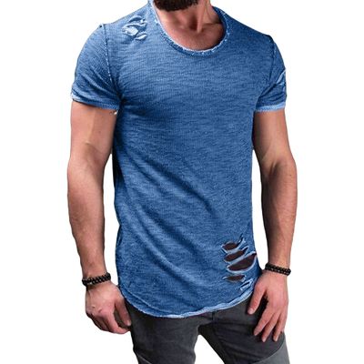 Maiyifu-GJ Men's Solid Color Slim Fit Casual T-Shirt Distressed Ripped Tee Top Hipster Round Neck Hip Hop Short Sleeve (Blue,US SIZE XS Asia S)